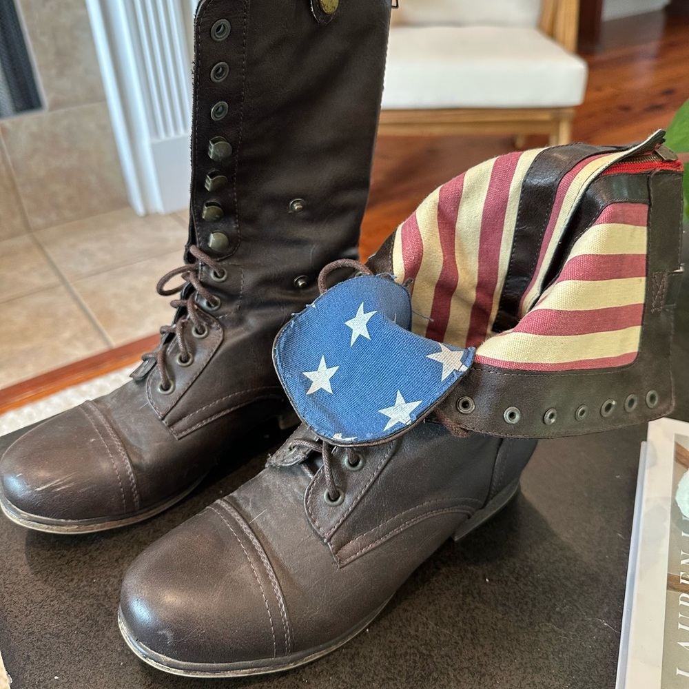 Brown Combat Boots with American Flag Lining
